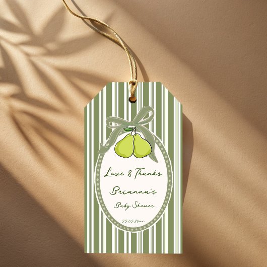 Pear sage green retro stripes baby shower favor geschenkanhänger