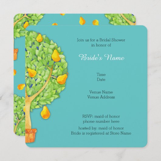 Pear Tree aquamarin Square Bridal Dusche Einladung (Vorne/Hinten)