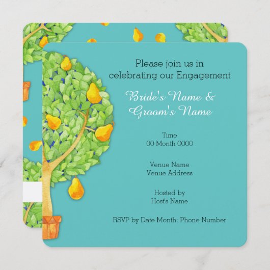 Pear Tree aquamarin Square Verlobung Einladung (Vorne/Hinten)