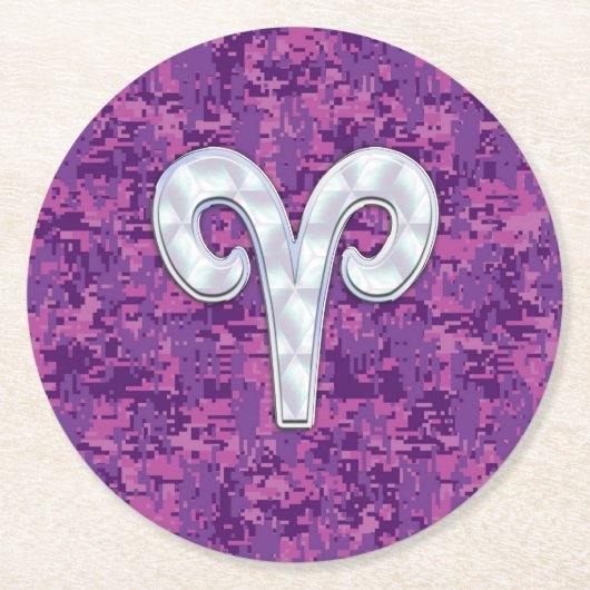 Pearl Aries Zodiac Sign auf Pink Digital Camouflag Runder Pappuntersetzer (Vorderseite)