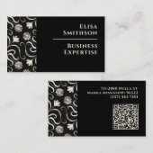 Pearl & Black Floral Damask Elegantes Silbermuster Visitenkarte (Vorne/Hinten)