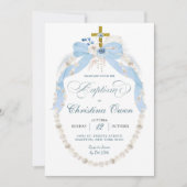 Pearl Boho Blauer Blumenjungen Taufe Einladung (Vorderseite)