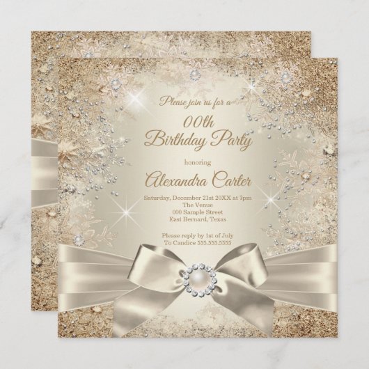 Pearl Bow Beige Creme Gold Snowflake Party Einladung (Vorne/Hinten)