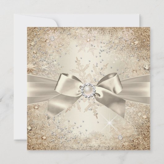 Pearl Bow Beige Creme Gold Snowflake Party Einladung (Rückseite)