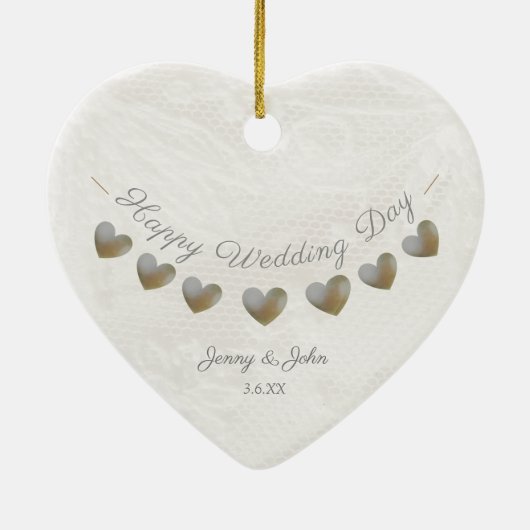 Pearl & Creme Spitzenherz Trauung Keramik Ornament (Hinten)