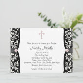 Pearl Cross Pink Black Damask Christening Einladung (Stehend Vorderseite)