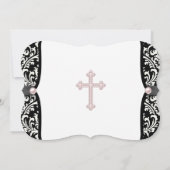 Pearl Cross Pink Black Damask Christening Einladung (Rückseite)