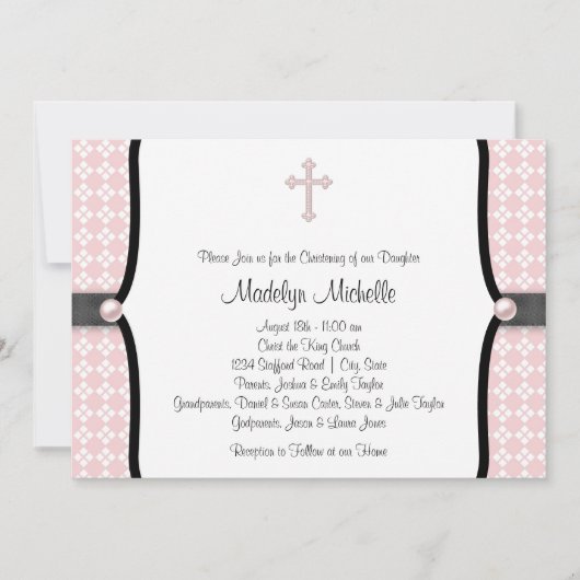 Pearl Cross Pink Black Damask Christening Einladung (Vorderseite)