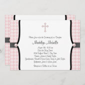 Pearl Cross Pink Black Damask Christening Einladung (Vorne/Hinten)