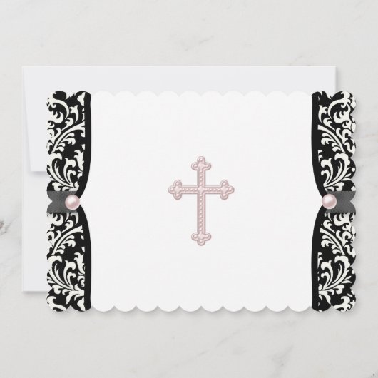 Pearl Cross Pink Black Damask Christening Einladung (Rückseite)
