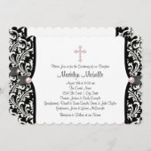 Pearl Cross Pink Black Damask Christening Einladung (Vorne/Hinten)