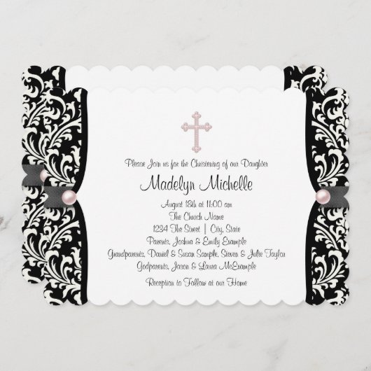 Pearl Cross Pink Black Damask Christening Einladung (Vorne/Hinten)