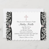 Pearl Cross Pink Black Damask Christening Einladung (Vorderseite)