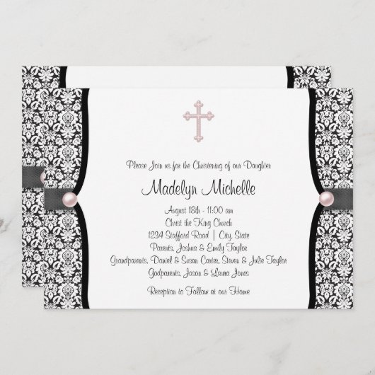 Pearl Cross Pink Black Damask Christening Einladung (Vorne/Hinten)