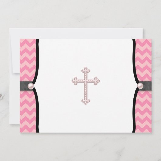Pearl Cross Pink Zickzack Christening Einladung (Rückseite)