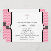 Pearl Cross Pink Zickzack Christening Einladung (Vorne/Hinten)