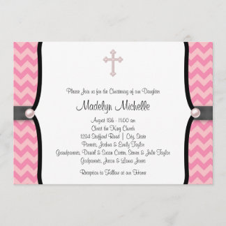 Pearl Cross Pink Zickzack Christening Einladung