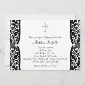 Pearl Cross White and Black Damask Christening Einladung (Vorderseite)