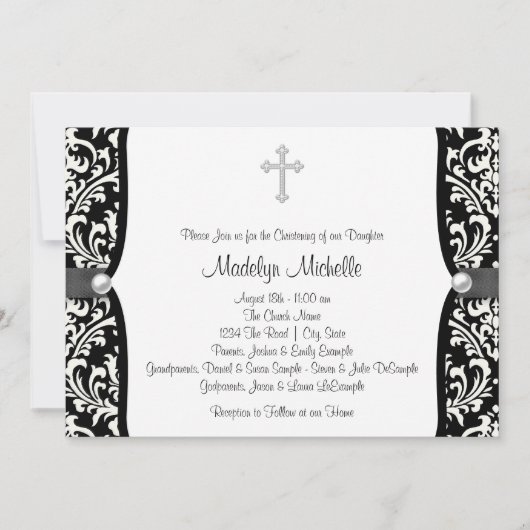 Pearl Cross White and Black Damask Christening Einladung (Vorderseite)