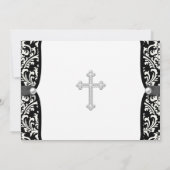 Pearl Cross White and Black Damask Christening Einladung (Rückseite)