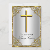 Pearl Damask Cross Baptisse Silver Gold Einladung (Vorderseite)