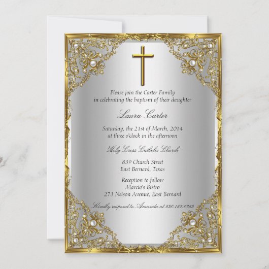 Pearl Damask Cross Baptisse Silver Gold Einladung (Rückseite)