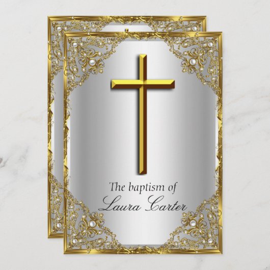 Pearl Damask Cross Baptisse Silver Gold Einladung (Vorne/Hinten)