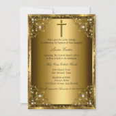 Pearl Damask & Cross Gold Taufe Einladung (Vorderseite)