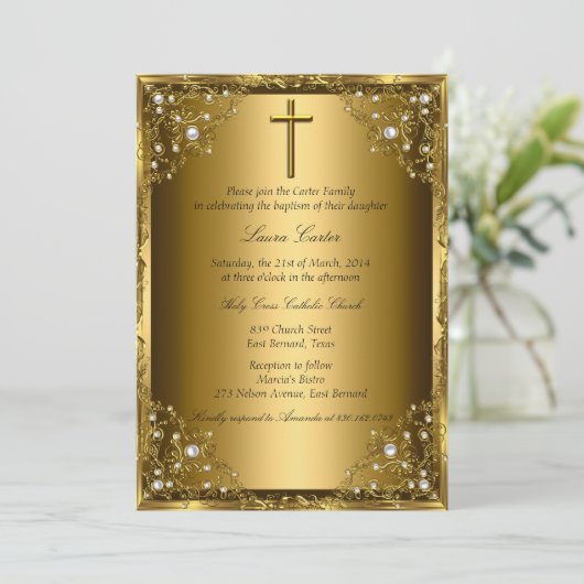 Pearl Damask & Cross Gold Taufe Einladung (Stehend Vorderseite)