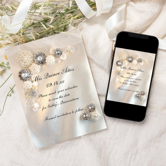 Pearl Diamond Buttons Quinceañera Save the Date