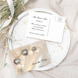 Pearl Diamond Buttons Quinceañera Save the Date Ankündigungspostkarte