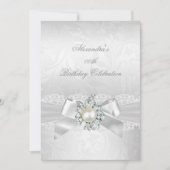 Pearl Diamond Lace White Bow Damask Silver Party Einladung (Vorderseite)