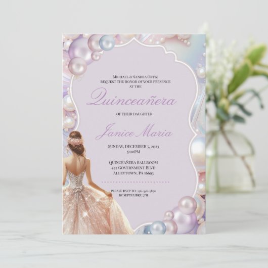 Pearl Dream lila Quinceñera Einladung (Stehend Vorderseite)
