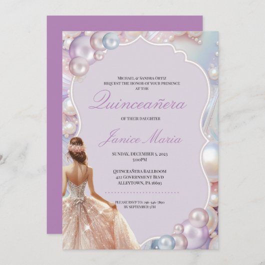 Pearl Dream lila Quinceñera Einladung (Vorne/Hinten)