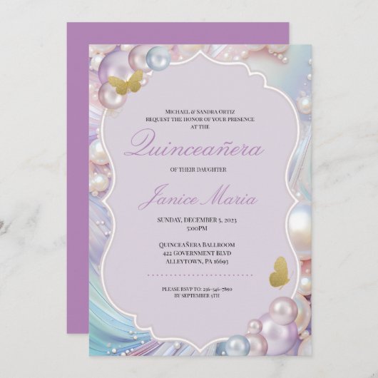 Pearl Dream lila Quinceñera Einladung (Vorne/Hinten)
