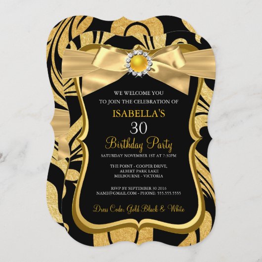 Pearl Gold Bow Black Damask Birthday Einladung (Vorne/Hinten)