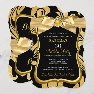 Pearl Gold Bow Black Damask Birthday Einladung