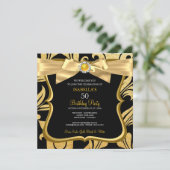 Pearl Gold Yellow Bow Black Damask Birthday Einlad Einladung (Stehend Vorderseite)
