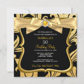 Pearl Gold Yellow Bow Black Damask Birthday Einlad Einladung (Vorderseite)