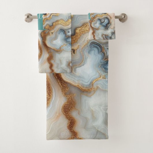 Pearl Golden Girly Botswana Agate Custom Monogram Badhandtuch Set (Insitu)