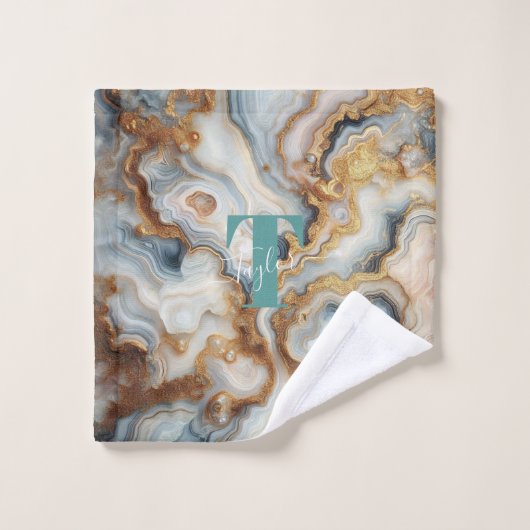 Pearl Golden Girly Botswana Agate Custom Monogram Badhandtuch Set (Waschlappen)