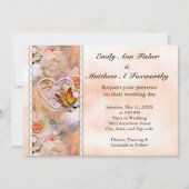 Pearl Heart Orange Rose & Butterflies Hochzeit Einladung (Vorderseite)