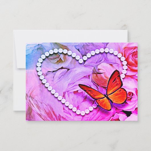 Pearl Heart Pink Roses Butterfly Wedding Dankeskarte (Rückseite)