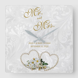 Pearl Hearts & Blume Damask Hochzeit Quadratische Wanduhr