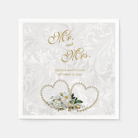 Pearl Hearts & Blume Damask Hochzeit Serviette (Vorderseite)