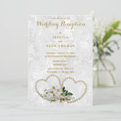 Pearl Hearts & Blume Damask Wedding Empfang Einladung (Stehend Vorderseite)