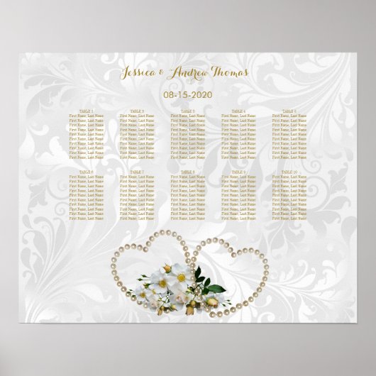 Pearl Hearts & Blume Damask Wedding Poster (Vorne)
