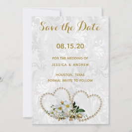 Pearl Hearts & Blume Damask Wedding Save the Date