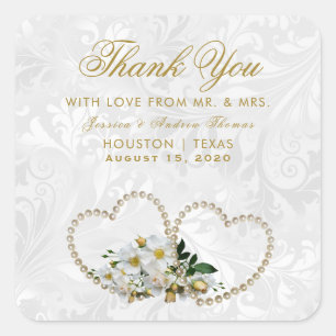 Pearl Hearts & Blume Damask Wedding Vielen Dank Quadratischer Aufkleber