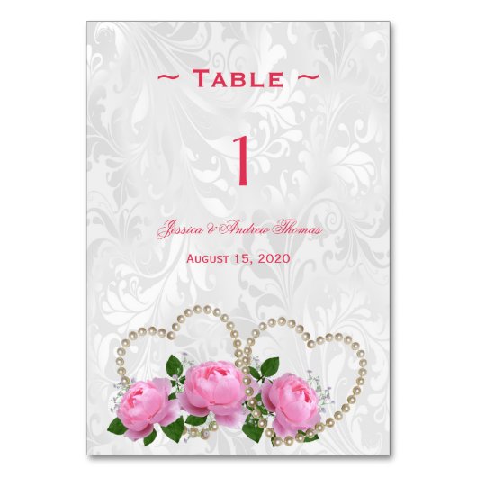 Pearl Hearts & Rose Damask Hochzeit Tischnummer (Vorderseite)